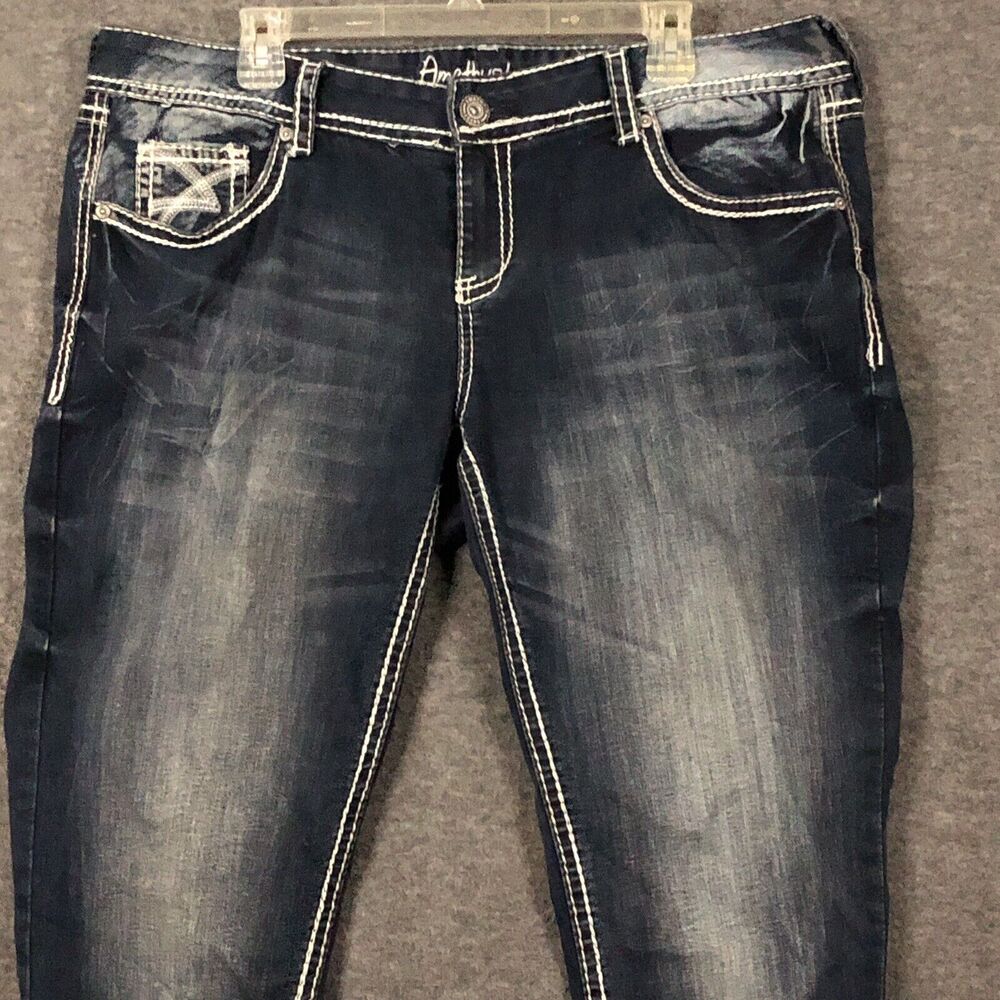 Amethyst Regina Jeans Womens 10 Skinny Dark-Wash 40x31 Whiskered Embroidered